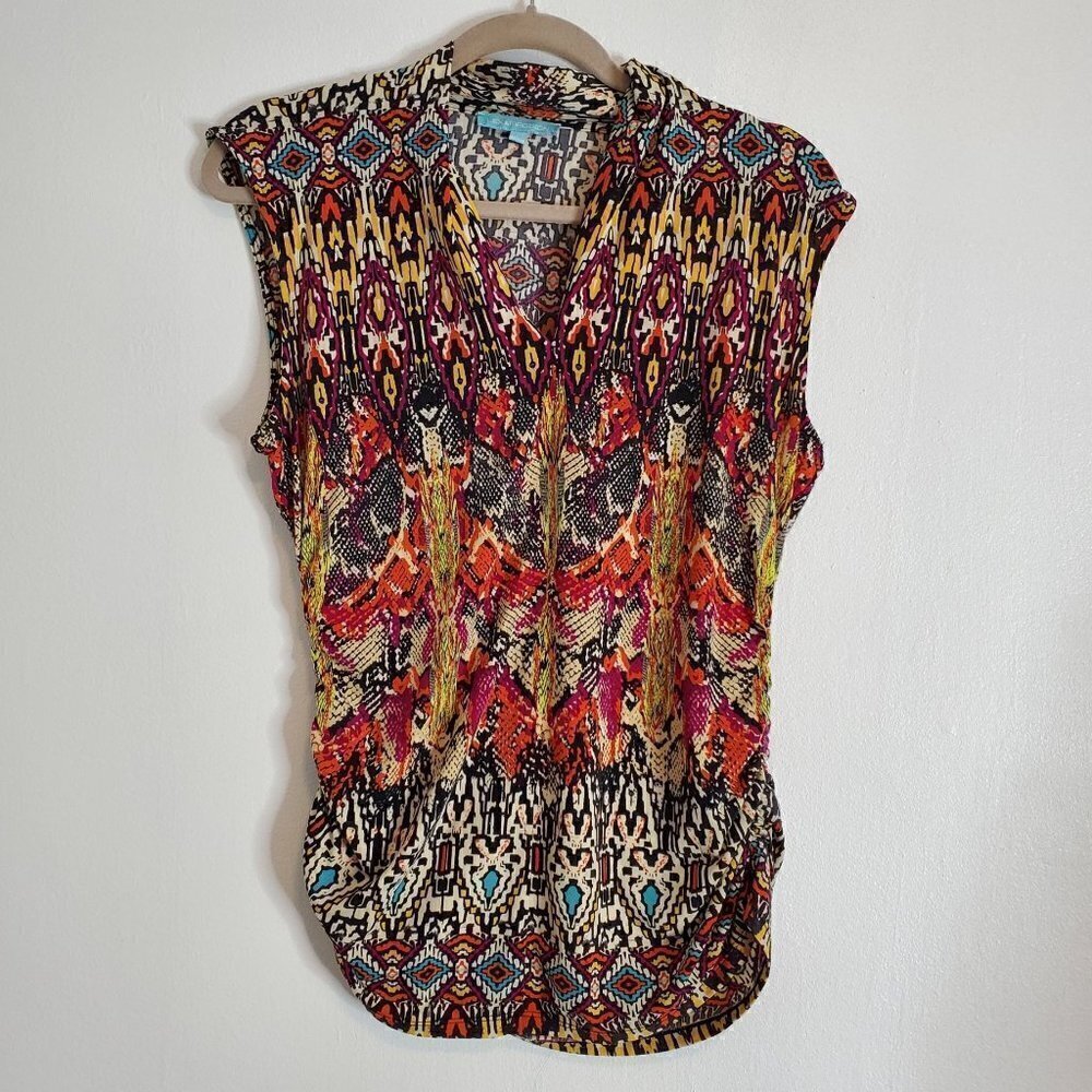 Vibrant Colorful Mix Print Sleeveless Business Casual Top Women Size L